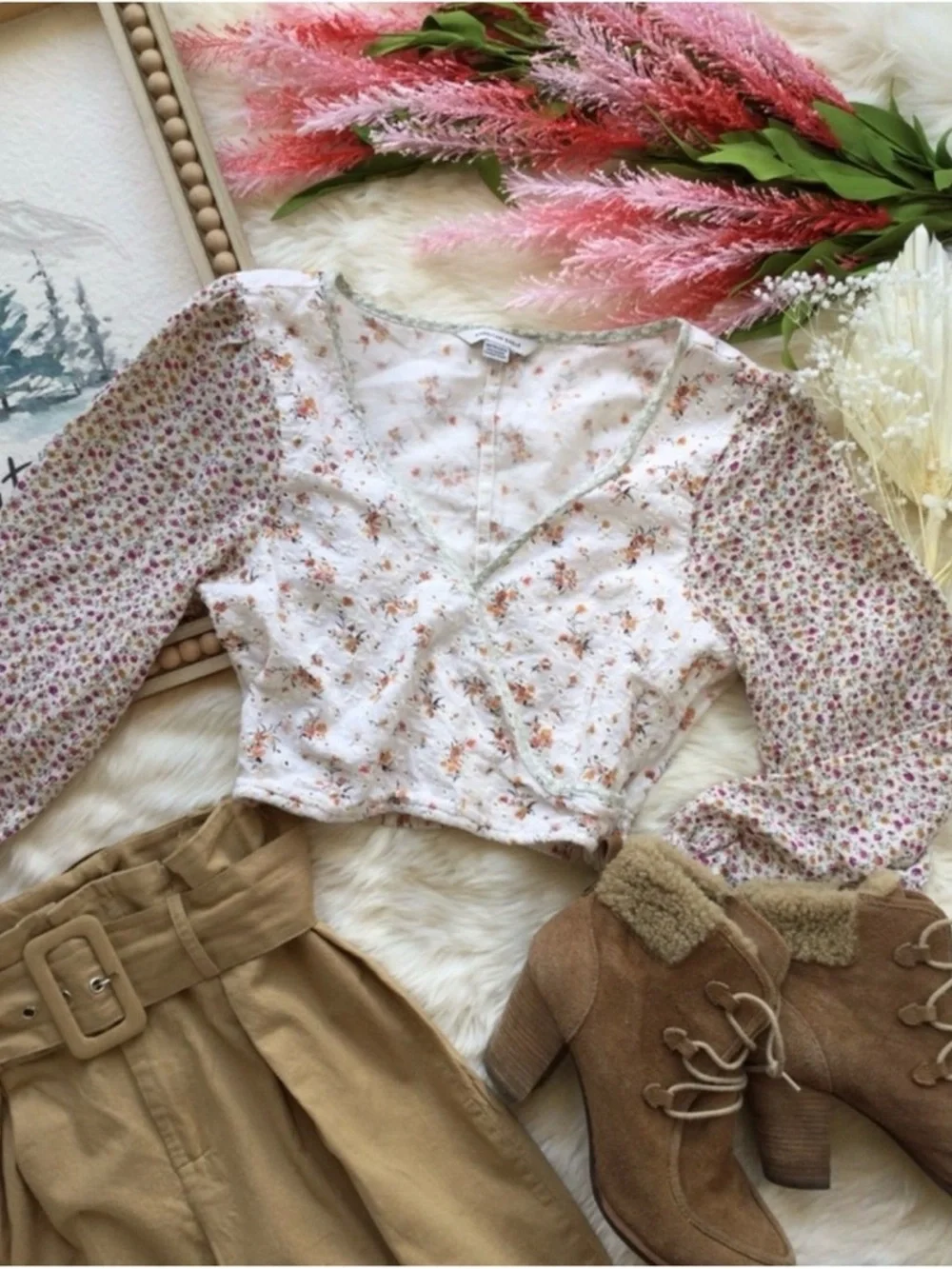 American Eagle White Floral Patchwork Eyelet Crop Top Sz XS Cottagecore